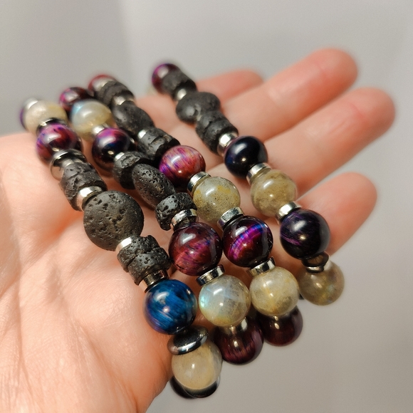 Labradorite, Blue/Purple Hawk's Eye natural gem Diffuser Bracelet - Hand Crafted - Picture 9 of 10